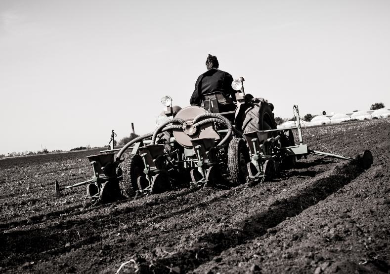 Black and white photo of farmer in a field